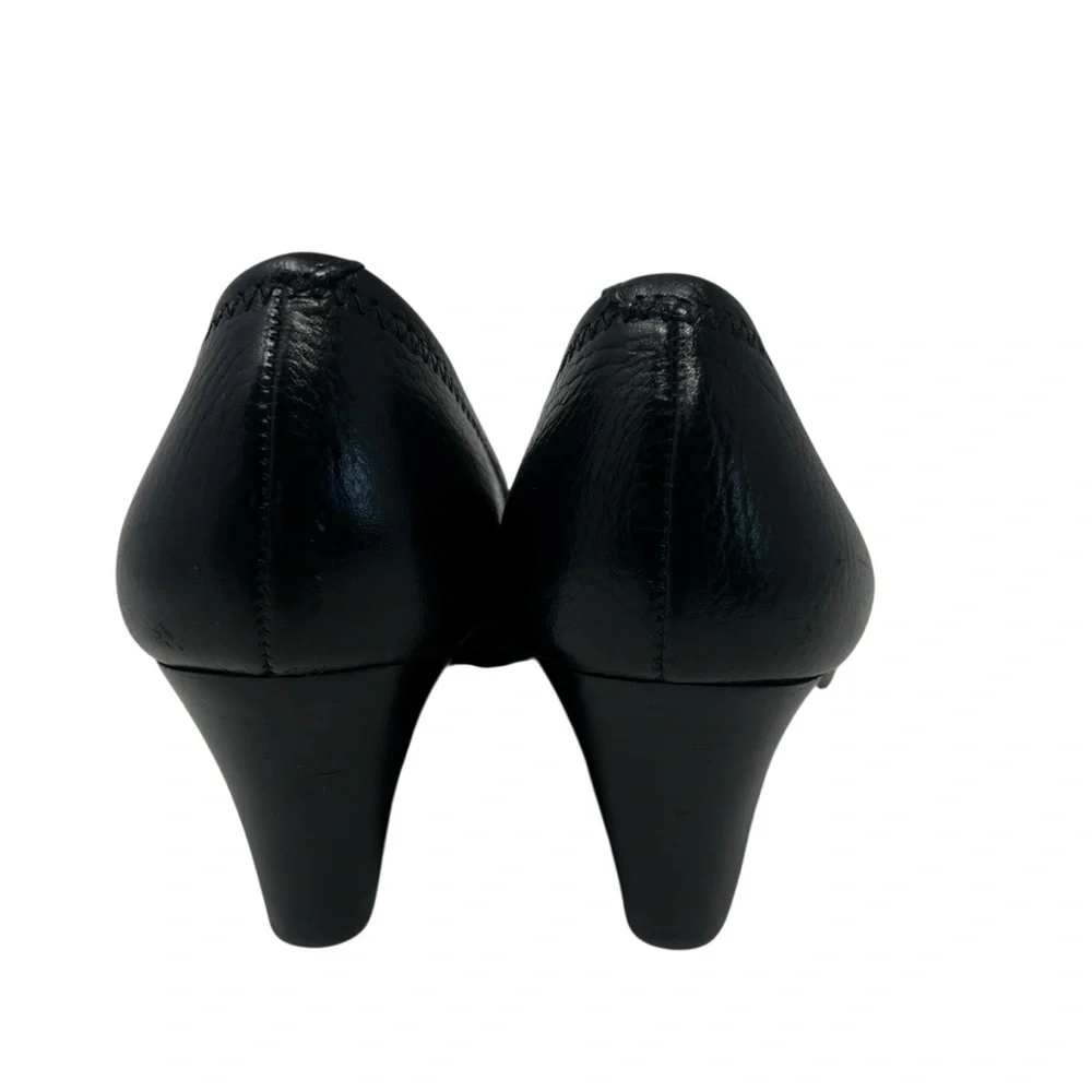 Tory Burch Black Leather Peep-Toe Wedge with Silver Logo